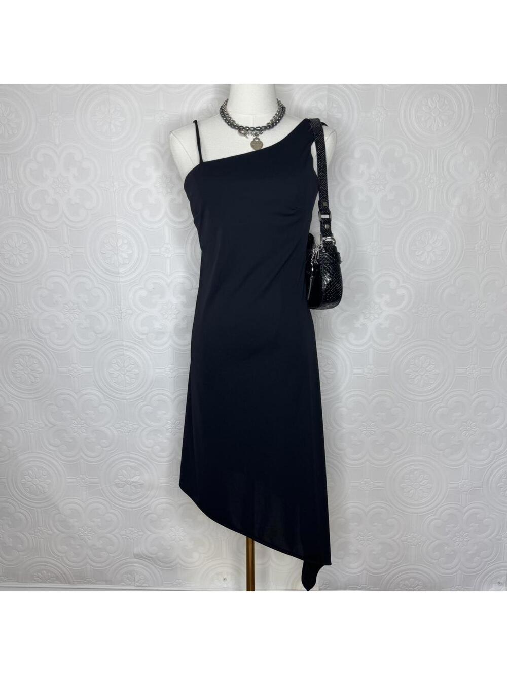 Y2k One Shoulder Asymmetrical Black Midi Dress Womens Small by Crazy Girl